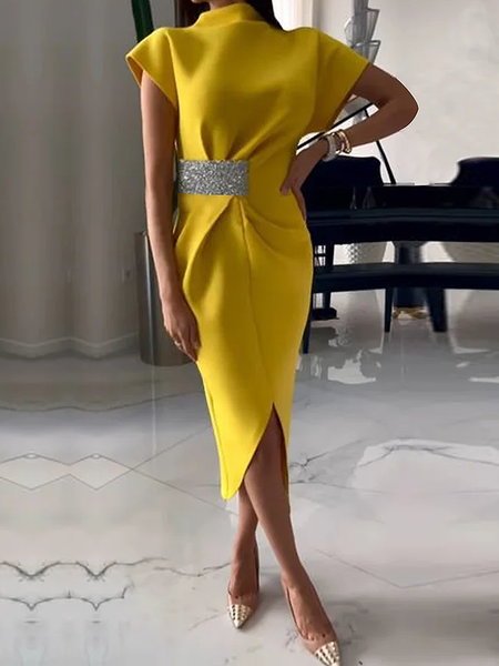 

Micro-Elasticity Plus Size Irregular Stand Collar Cap Sleeve Craftsmanship Elegant Midi Dress, Yellow, Plus Dresses