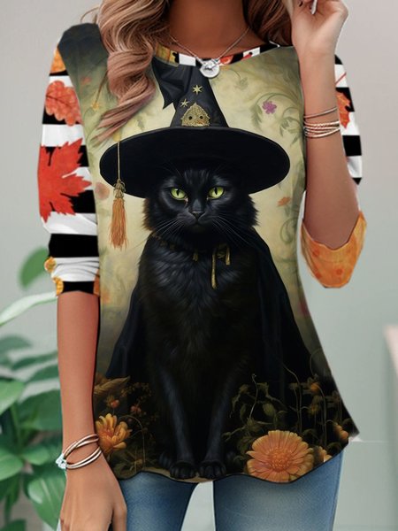 

Casual Cat Crew Neck Long Sleeve T-shirt, Multicolor, T-shirts