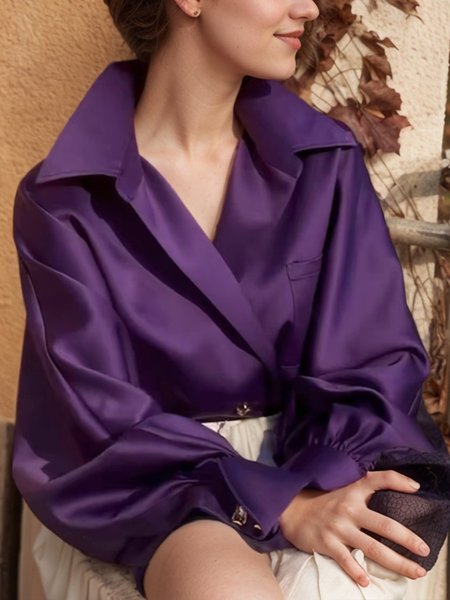 

Loose Ruched Elegant Shirt Collar Balloon Sleeve Shirt, Purple, Blouses and Shirts