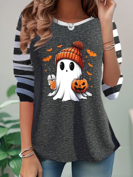 

Casual Halloween Crew Neck Long Sleeve T-shirt, Deep gray, T-shirts