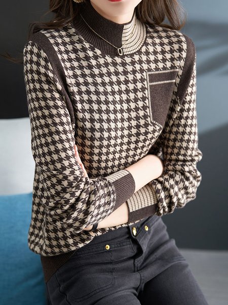

Regular Sleeve Houndstooth Loose Mock Neck Casual Sweater, Coffee, Pullovers