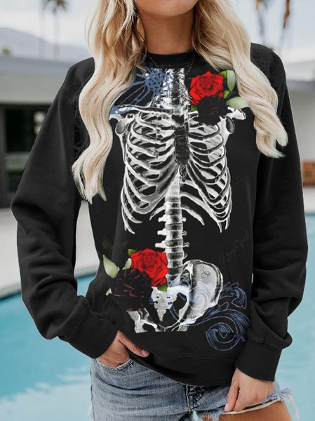

Women's Crew Neck Floral Casual Spring/Fall Long Sleeve Sweatshirt, Black, Sweatshirts & Hoodies