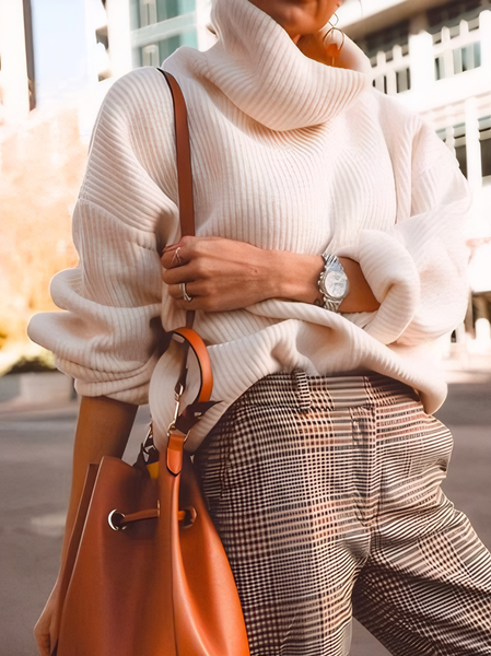 

Casual Raglan Sleeves Turtleneck Loose Sweater, White, Pullovers