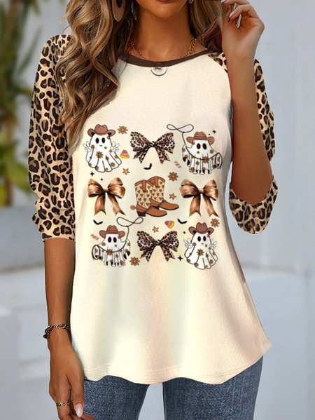 

Casual Leopard Crew Neck Long Sleeve T-shirt, Apricot, Blouses
