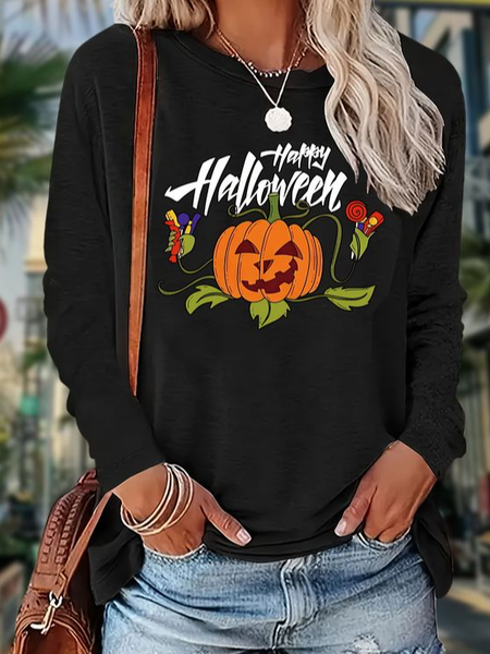

Casual Halloween Crew Neck Long Sleeve T-shirt, Black, T-shirts