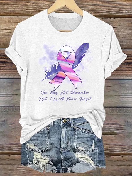 

You May Not Remember But I Will Never Forget, Alzheimer Awareness Crew Neck Casual T-Shirt, White, T-shirts