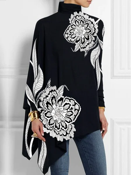 

Casual Raglan Sleeves Loose Floral Printing Blouse, Black-white, Blouses and Shirts