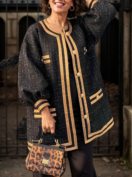 

Color Block Crew Neck Elegant Balloon Sleeve Loose Coat, Black, Trench Coats