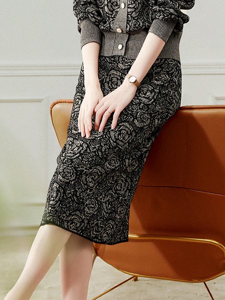 

Regular Fit Floral H-Line Elegant Skirt, Gray, Skirts