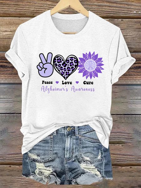 

Alzheimer's Awareness Love Casual Text Letters Crew Neck T-Shirt, White, T-shirts