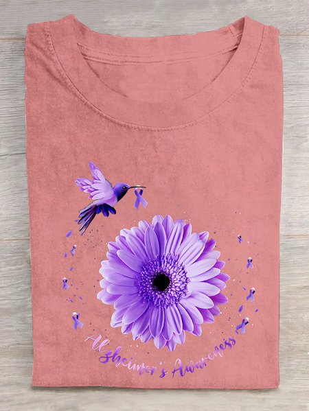 

Hummingbird Sunflower Purple Ribbon Alzheimer's Awareness Cotton T-shirt, Orange pink, T-shirts
