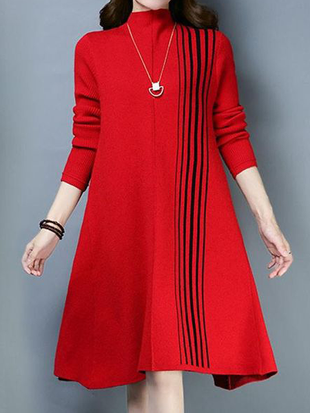 

High Elasticity Loose Striped Regular Sleeve Long Sleeve Mock Neck Casual Sweater Knee Length Dress, Red, Midi Dresses