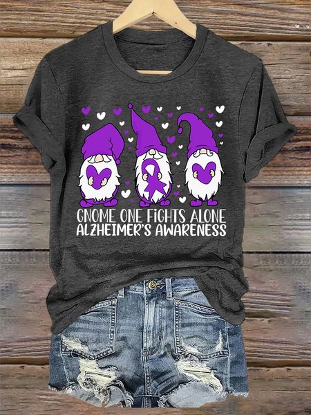 

Alzheimer's Awareness Gnome One Fights Alone Simple Loose T-Shirt, Deep gray, T-shirts