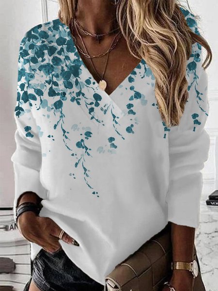 

Casual V Neck Leaf Sweatshirt, Blue, Hoodies & Sweatshirts