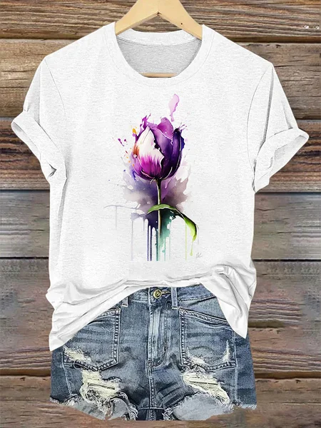 

Purple flower Alzheimer's Awareness Loose Crew Neck Simple Text Letters T-Shirt, White, T-shirts