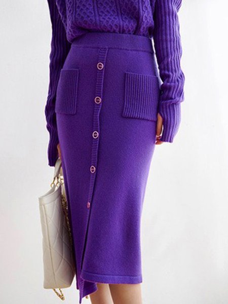 

Plain Urban Regular Fit Buttoned Skirt, Purple, Skirts