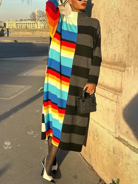 

Striped Casual Long Sleeve Loosen Sweater Midi Dress, As picture, Maxi Dresses