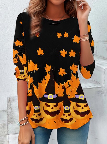 

Women's Long Sleeve Tee T-shirt Spring/Fall Halloween (pumpkin) Jersey Crew Neck Daily Going Out Vintage Top, Orange, T-Shirts