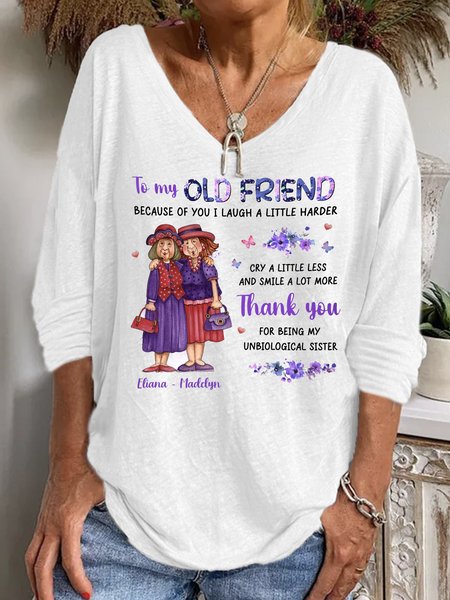 

Casual Floral V Neck Long Sleeve T-shirt, White, T-shirts