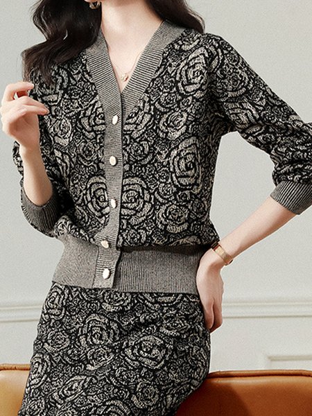 

Floral Regular Fit Regular Sleeve Elegant Cardigan, Gray, Cardigans