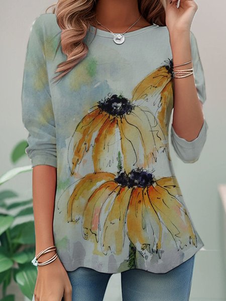 Casual Daisy Crew Neck Long Sleeve T-shirt, Yellow, T-shirts