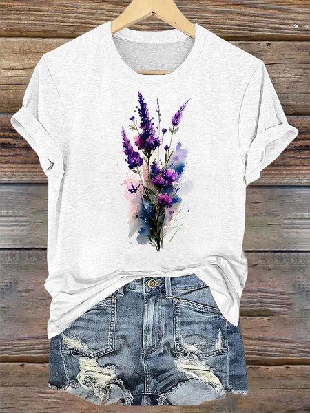 

Purple flower Alzheimer's Awareness Crew Neck Casual Text Letters Loose T-Shirt, White, T-shirts