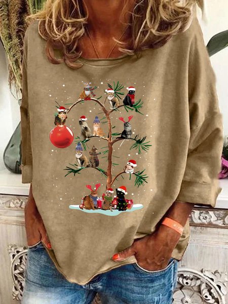 Christmas Tree Cat Casual Sweatshirt, Khaki, Hoodies&Sweatshirts