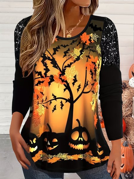 

Women's Long Sleeve Tee T-shirt Spring/Fall Halloween Jersey Crew Neck Daily Going Out Casual Top, Black, T-Shirts