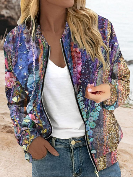 

Women's Abstract Zipper Regular Loose Jacket, Purple, Outerwear