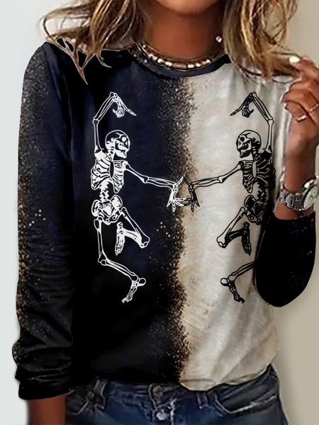Casual Halloween Crew Neck Long Sleeve T-shirt, Black, T-shirts