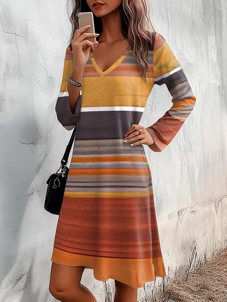 

Women's Long Sleeve Summer Striped Jersey Dress V Neck Daily Going Out Casual Midi A-Line TUNIC, Orange red, Dresses