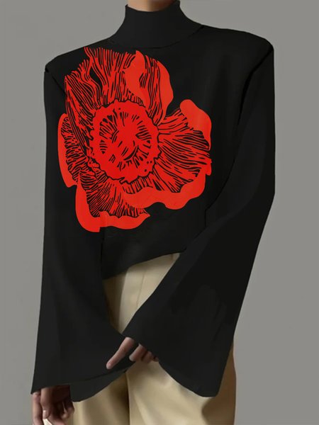 

Stand Collar Casual Floral Loose Blouse, Black, Blouses and Shirts
