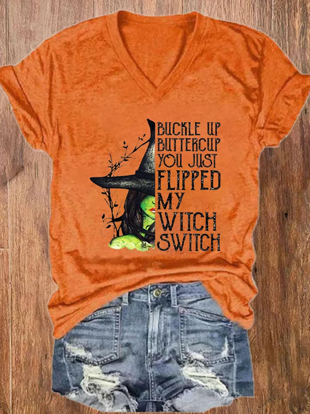 

Women's Halloween Buckle Up Buttercup You Just Flipped My Witch Switch Casual T-Shirt, Orange, T-shirts