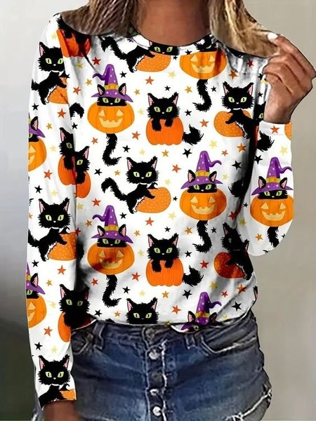 

Casual Halloween Crew Neck Long Sleeve T-shirt, Multicolor, T-shirts