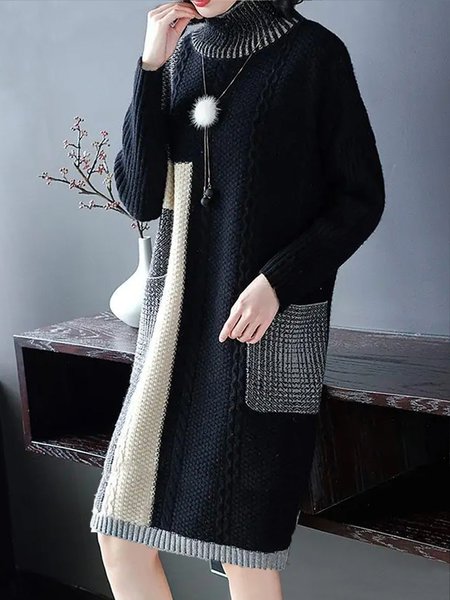 

Loose Color Block Casual Pocket Stitching Sweater Dress, Black-white, Mini Dresses