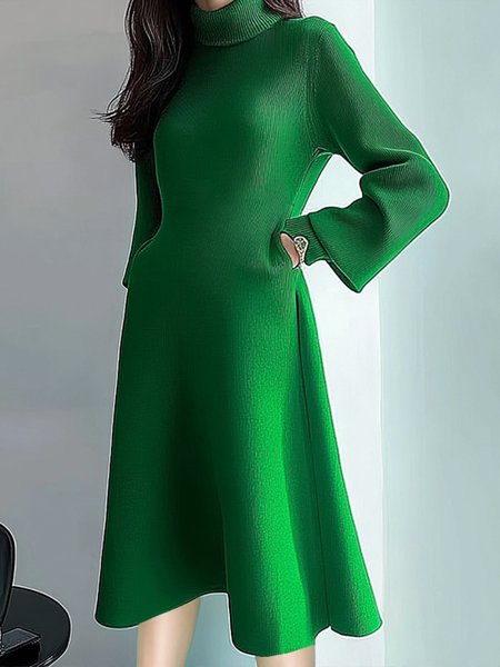 

Elegant Plain Balloon Sleeve Sweater Midi Dress, Green, Midi Dresses