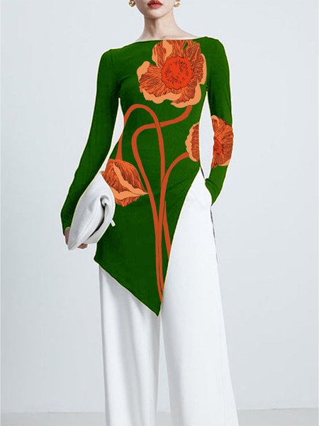 

Daily Regular Sleeve Boat Neck Floral Printing T-Shirt, Green, Tees