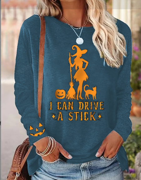 

Casual Halloween Crew Neck Long Sleeve T-shirt, Blue, T-shirts