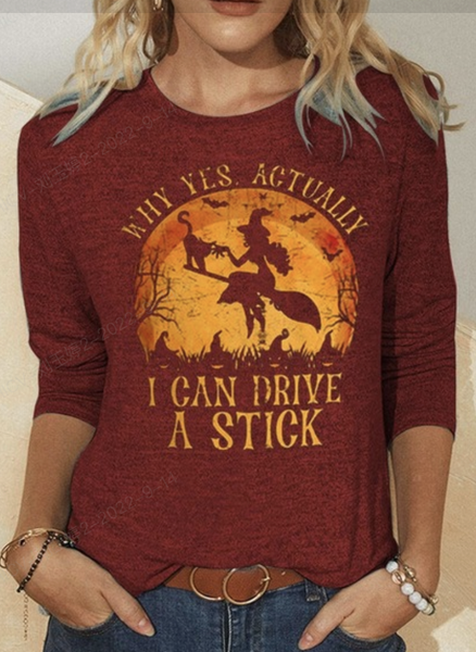 

Casual Halloween Crew Neck Long Sleeve T-shirt, Wine red, T-shirts
