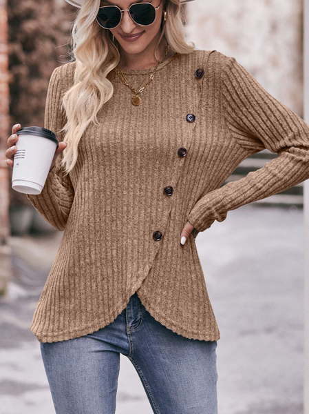 

Crew Neck Long Sleeve Plain Regular Micro-Elasticity Loose Blouse For Women, Camel, Blouses