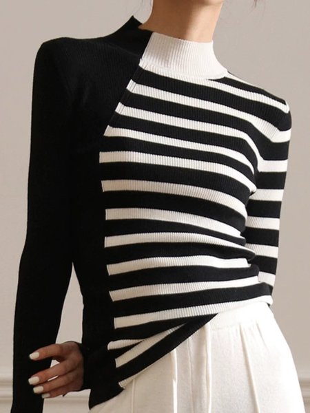 

Daily Stand Collar Regular Fit Striped Sweater, Black-white, Pullovers