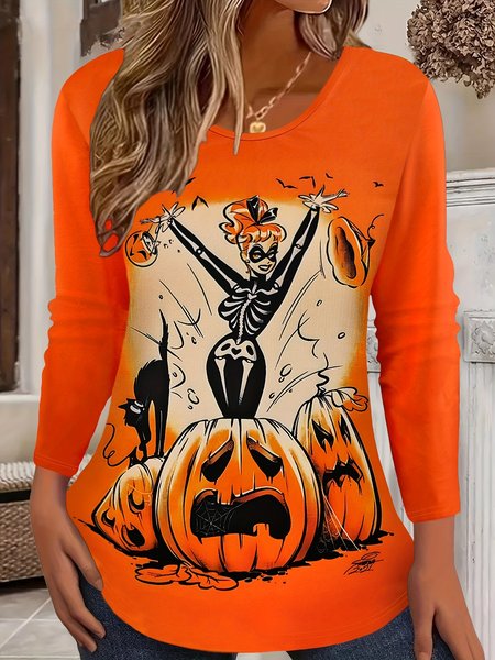 Casual Halloween Crew Neck Long Sleeve T-shirt, Orange red, T-shirts