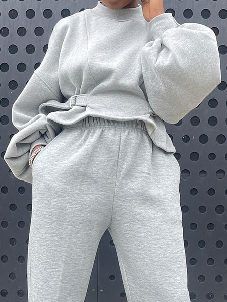 

Plus Size Stand Collar Casual Balloon Sleeve Sweatshirt With Belt, Gray, Plus Tops