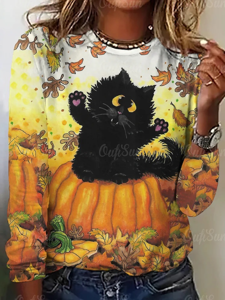 Casual Cat Crew Neck Long Sleeve T-shirt, Light yellow, T-shirts