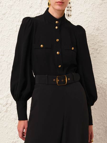 

Loose Urban Balloon Sleeve Buttoned Shirt, Black, Blouses and Shirts