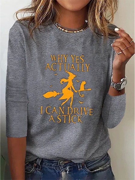 

Casual Halloween Crew Neck Long Sleeve T-shirt, Gray, T-shirts