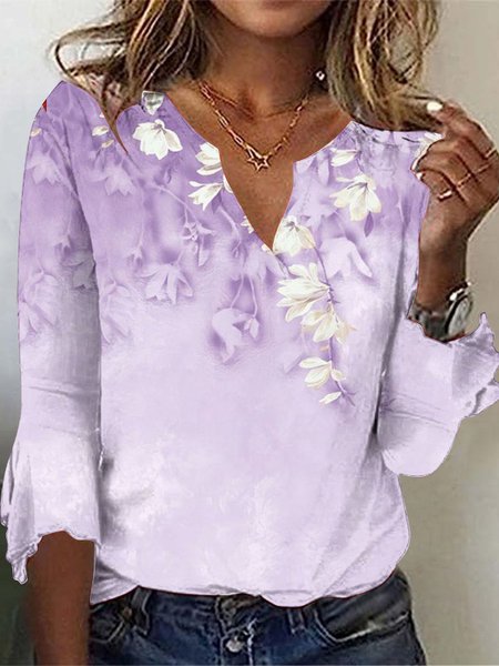 

Loose Floral Casual Notched T-Shirt, Color1, Long sleeves