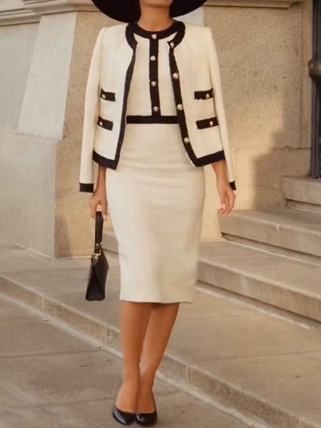 

Elegant Crew Neck Regular Fit Webbing Dress, White, Midi Dresses