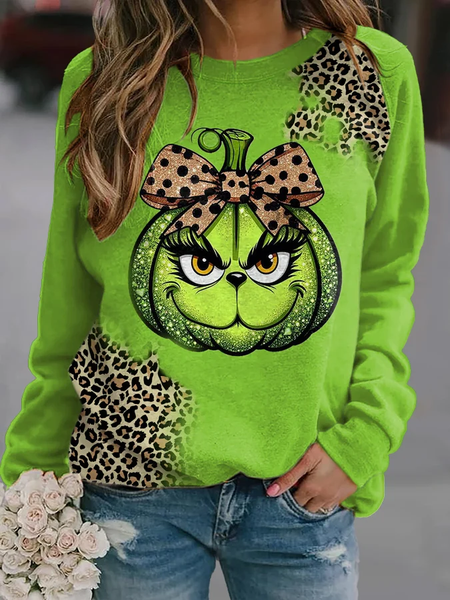 

Women's Leopard Coquette Bougie Grinch Long Sleeve Casual Loose Sweatshirt, Green, Hoodies&Sweatshirts