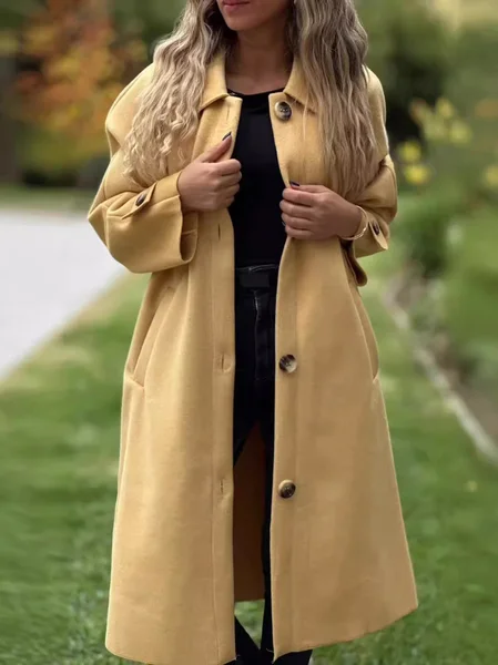 

Loose Pocket Stitching Plain Casual Coat, Yellow, Outerwear